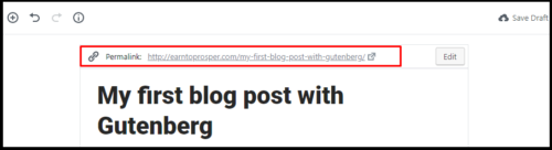 Gutenberg: The Context Sensitive Menu displays the permalink when the Blog Title is selected