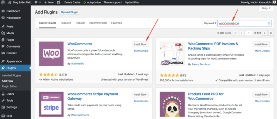 Screenshot of WooCommerce plugin search - Setting Up Your WooCommerce Store