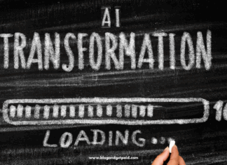 An image showing a blackboard with AI Transformation written on it in white chalk and a loading bar showing progress from 0% to 100%