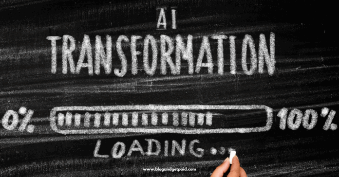 An image showing a blackboard with AI Transformation written on it in white chalk and a loading bar showing progress from 0% to 100%
