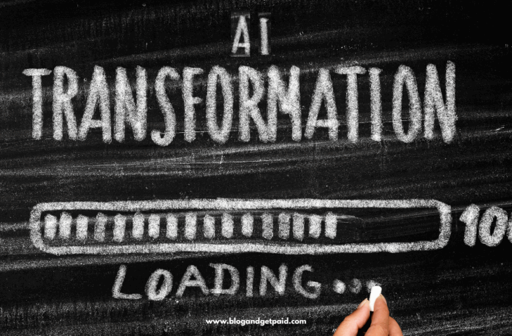 An image showing a blackboard with AI Transformation written on it in white chalk and a loading bar showing progress from 0% to 100%