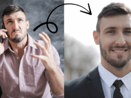 Two images - one of a young man in casual shirt talking on the phone, and another of the same man in a suit and tie, depicting the transformation of a headshot from casual to professional look