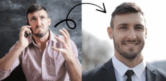 Two images - one of a young man in casual shirt talking on the phone, and another of the same man in a suit and tie, depicting the transformation of a headshot from casual to professional look