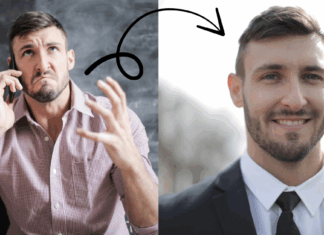 Two images - one of a young man in casual shirt talking on the phone, and another of the same man in a suit and tie, depicting the transformation of a headshot from casual to professional look