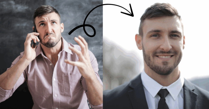 BetterPic Headshot Generator Two images - one of a young man in casual shirt talking on the phone, and another of the same man in a suit and tie, depicting the transformation of a headshot from casual to professional look