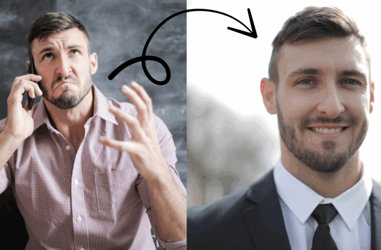 Two images - one of a young man in casual shirt talking on the phone, and another of the same man in a suit and tie, depicting the transformation of a headshot from casual to professional look