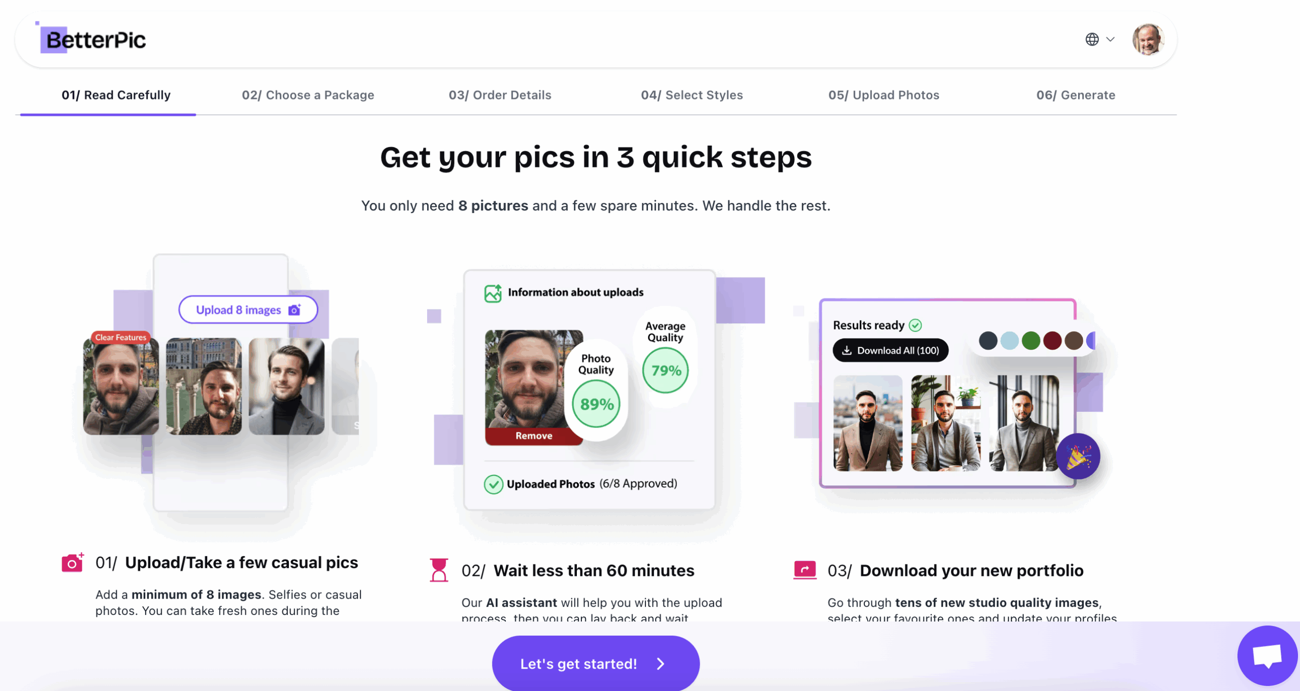 Computer screen showing BetterPic website, showing you the steps to take to get amazing high quality profile pictures.