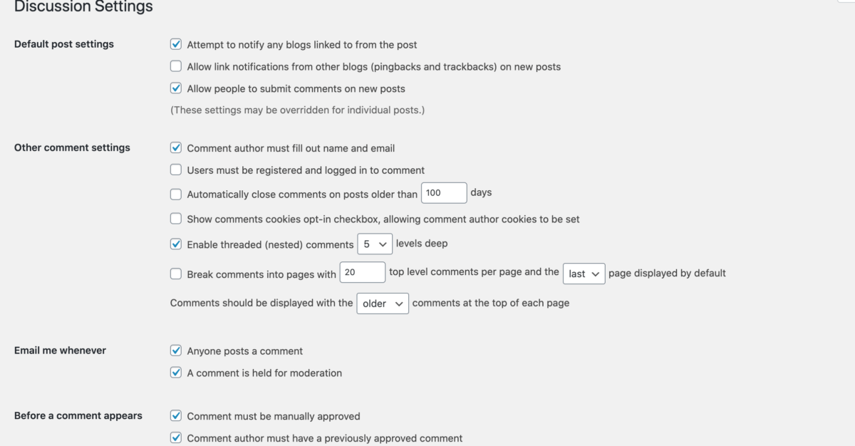 screenshot of the discussion settings of wordpress dashboard