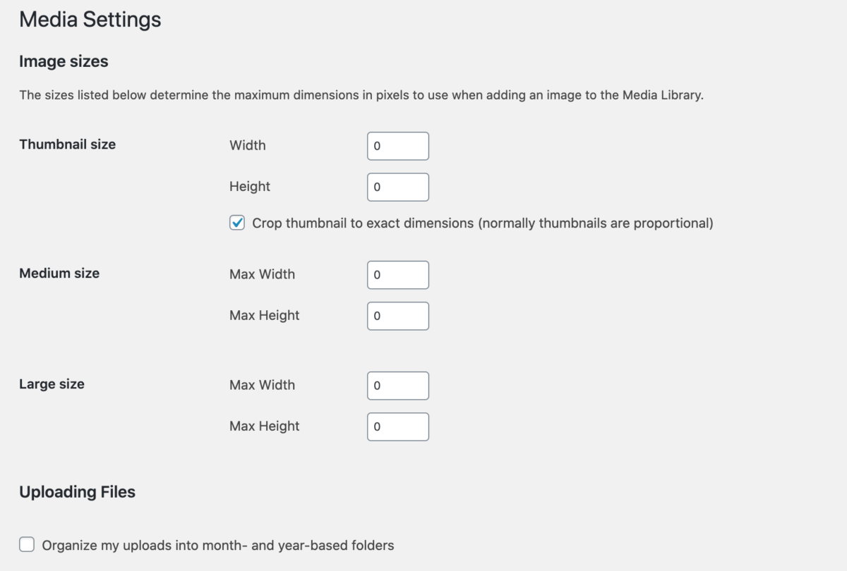 screenshot of media settings within WP Dashboard