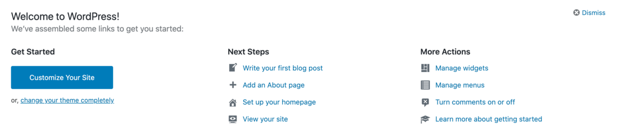 Screenshot of Welcome To WordPress dashboard area