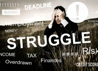7 Keys That May Help You Overcome Your Struggles Businessman sitting in a field with hands on his face and words of struggle, deadline, finances, etc. printed all over