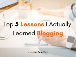 man's hands on keyboard with overlay of "Top 5 Lessons I Actually Learned Blogging"